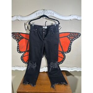 We The Free Maggie Straight Leg Jeans | Distressed Raw Hem Black Denim | Size 27